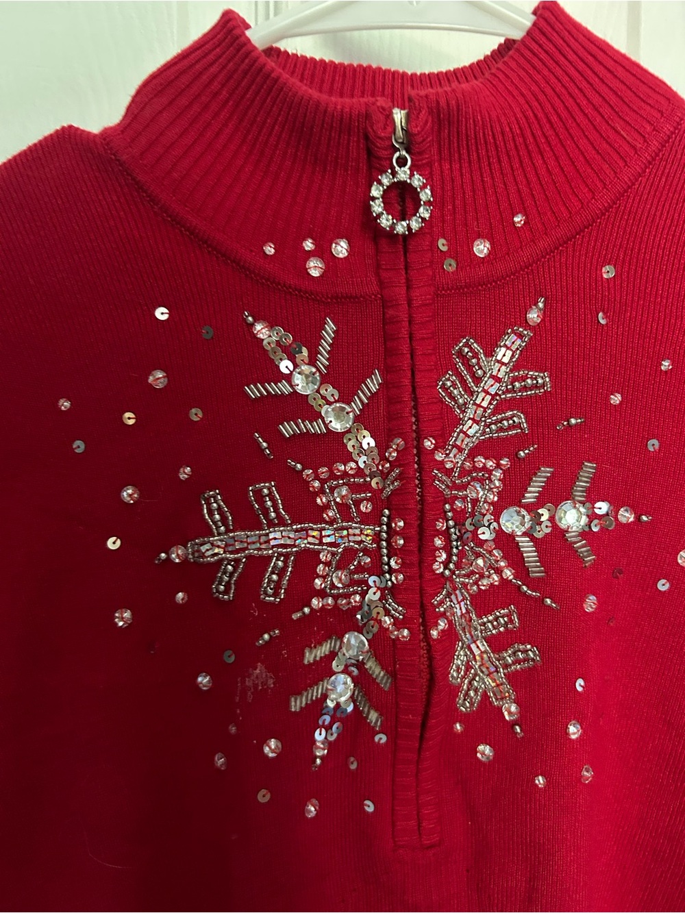 Boston Proper Red Sequin Snowflake Zip Mock Neck Sweater